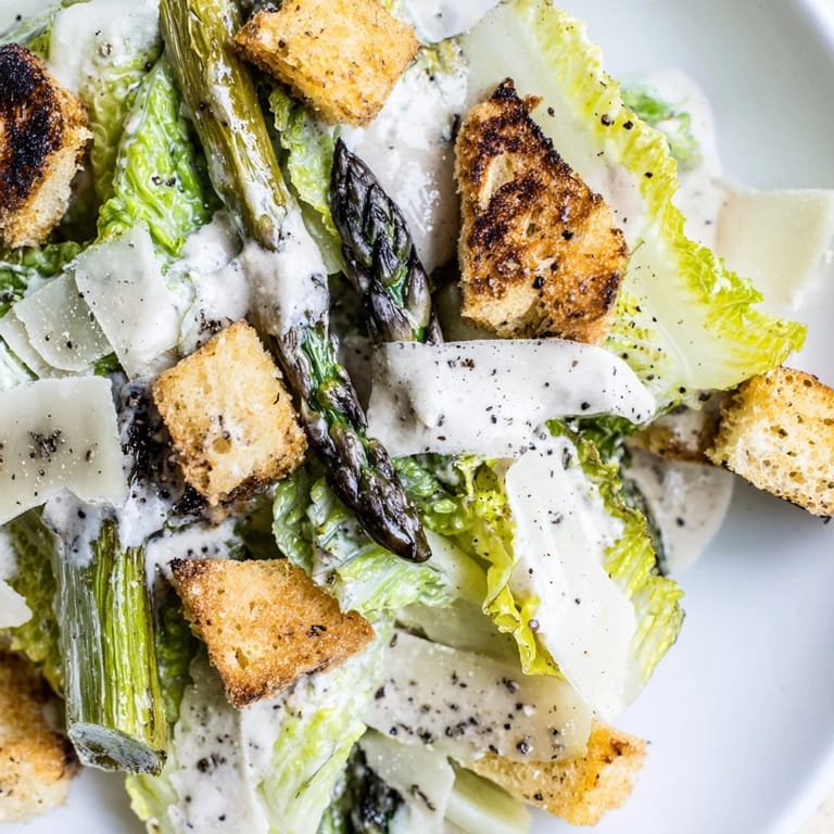 A vibrant bowl of roasted asparagus Caesar salad topped with shaved Parmesan and fresh black pepper.