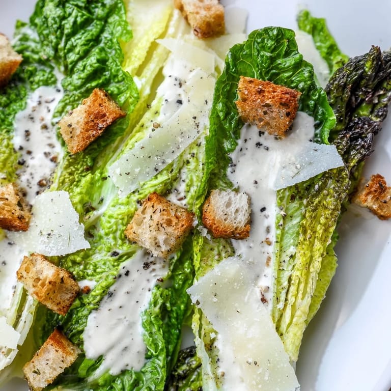 Golden asparagus and crispy croutons on romaine, drizzled with tangy yogurt Caesar dressing for a fresh twist.