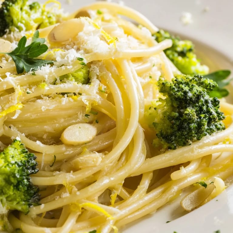 A steaming bowl of One-Pot Lemon Broccoli Pasta, broccoli florets and shaved Parmesan topping glistening in warm light.