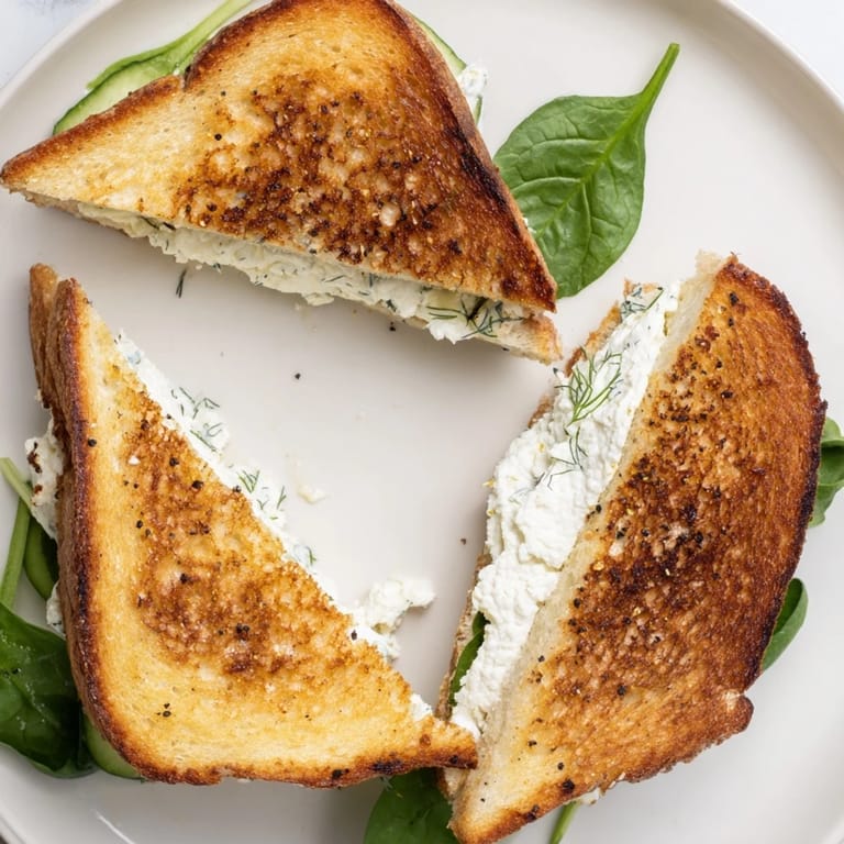 A close-up of Whipped Feta Spring Grilled Cheese, featuring dill flecks and bright lemon zest on crispy sourdough.  