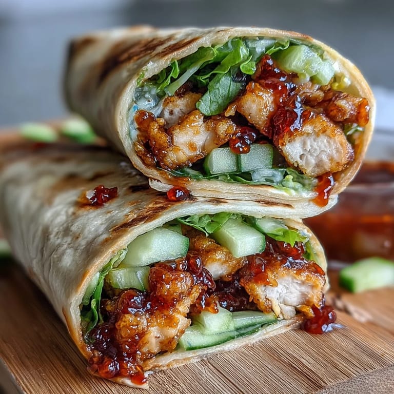 This Honey Chili Crunch Chicken Wrap shows a golden-brown tortilla cut in half, with vibrant lettuce, cucumber, and shredded carrots inside.
