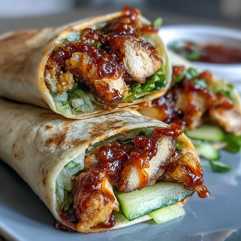 Freshly made Honey Chili Crunch Chicken Wraps served on a wooden board, garnished with scallions and drizzled with a glossy sauce.