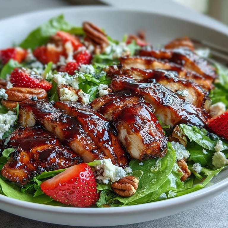 Grilled chicken salad bursting with strawberries and tangy balsamic glaze, a delicious lunch.