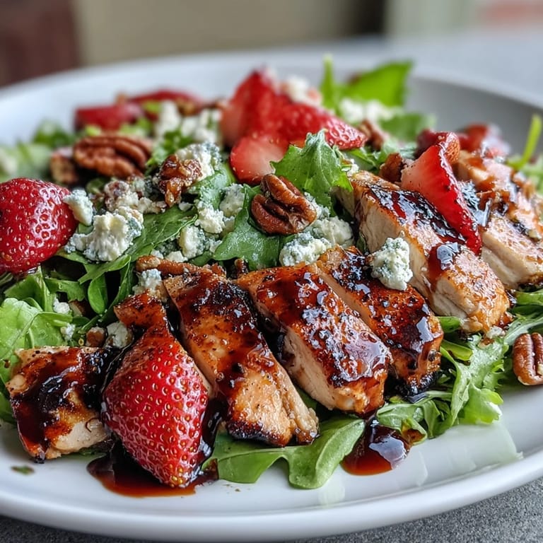 Vibrant summer salad: strawberry balsamic chicken, feta, and crisp greens enjoyed outdoors.