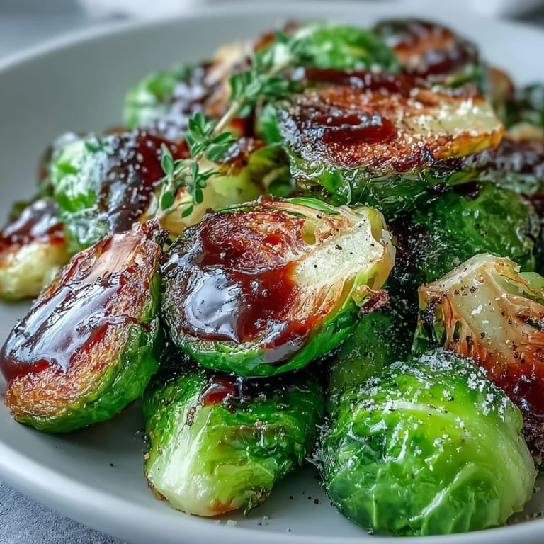 Oven-roasted Brussels sprouts with a dark caramelized balsamic glaze, displayed on a rustic plate ready to accompany a hearty American dinner.