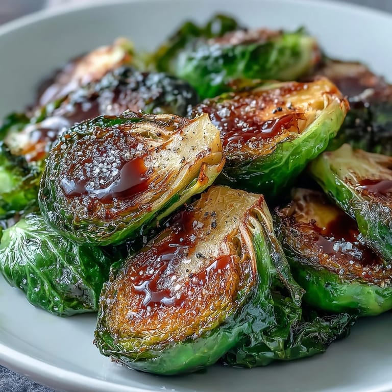 Freshly roasted Brussels sprouts with a sweet and tangy balsamic reduction, highlighting the crispy edges and tender interior of this easy side dish.