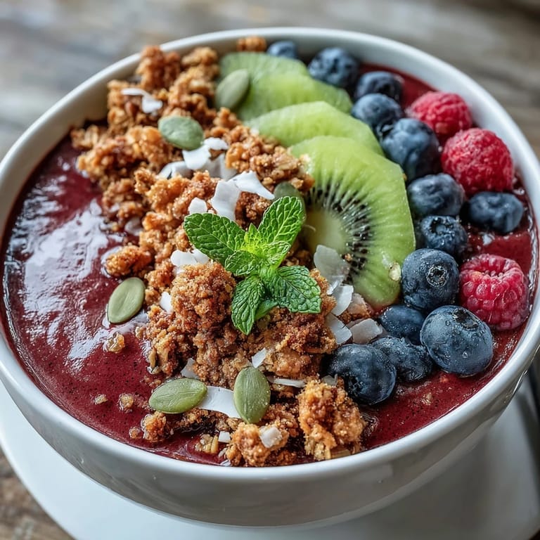 Two chilled bowls of Beet and Berry Smoothie Bowl with assorted fresh berries and a sprinkle of shredded coconut on a rustic table.  