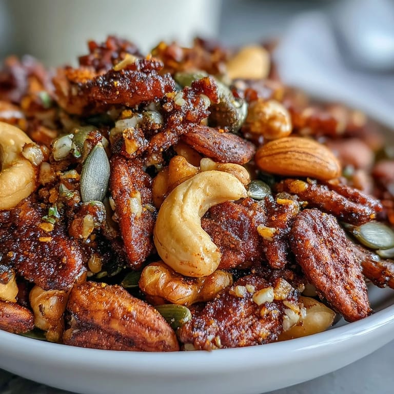 A bowl of Spiced Nuts and Seeds Mix paired with creamy Greek yogurt and fresh berries for breakfast.
