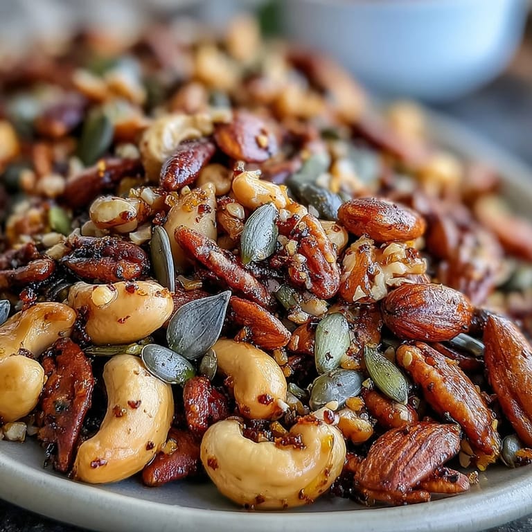 Freshly baked Spiced Nuts and Seeds Mix in a glass jar, showcasing toasted almonds, cashews, and walnuts.