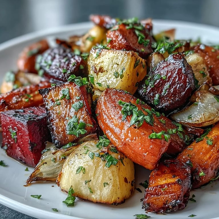 A vibrant Roasted Root Vegetable Medley, golden-brown and tender from the oven, garnished with fresh parsley.