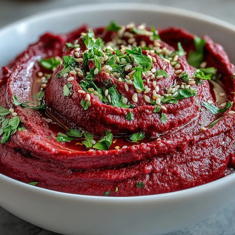 Earthy, creamy roasted beet hummus spread on pita chips, with lemon wedges and a sprinkle of cumin nearby.  