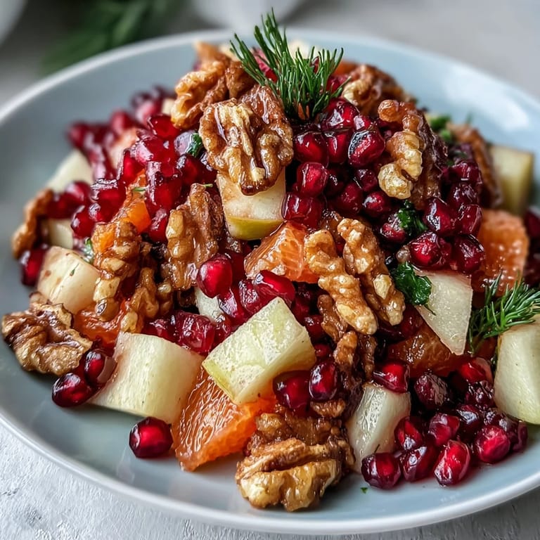 A close-up of fresh Pomegranate and Walnut Salad, glistening with honey-lemon dressing and sprinkled with pumpkin and sunflower seeds.