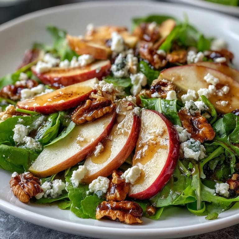 A vibrant bowl of Apple and Walnut Salad tossed with celery, crumbled blue cheese, and a tangy honey-mustard dressing.  