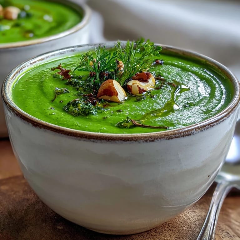 Homemade Big Green Immunity-Boosting Vegetable Soup blended smooth with cashews, served hot with crusty bread on the side.