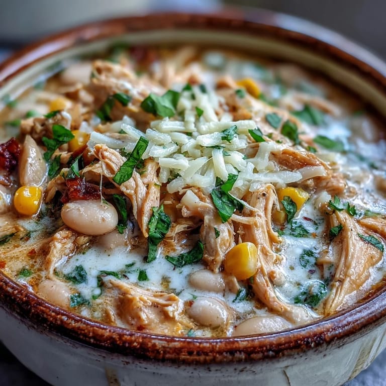 Creamy White Chicken Chili with tender shredded chicken, white beans, and sweet corn in a luscious broth.