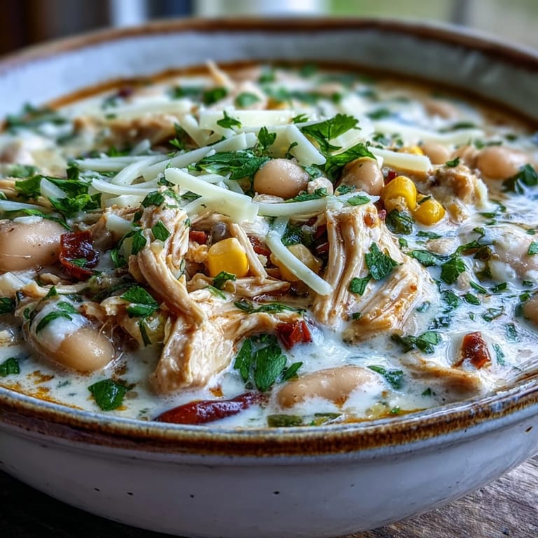 Spicy White Chicken Chili served hot with diced jalapeños, Monterey Jack cheese, and cilantro garnish.