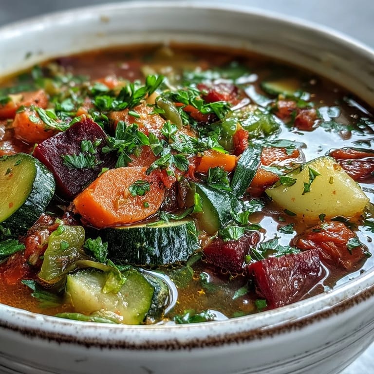 This wholesome Rainbow Vegetable Detox Soup is garnished with fresh parsley, with a piece of crusty bread resting beside it on a wooden table.