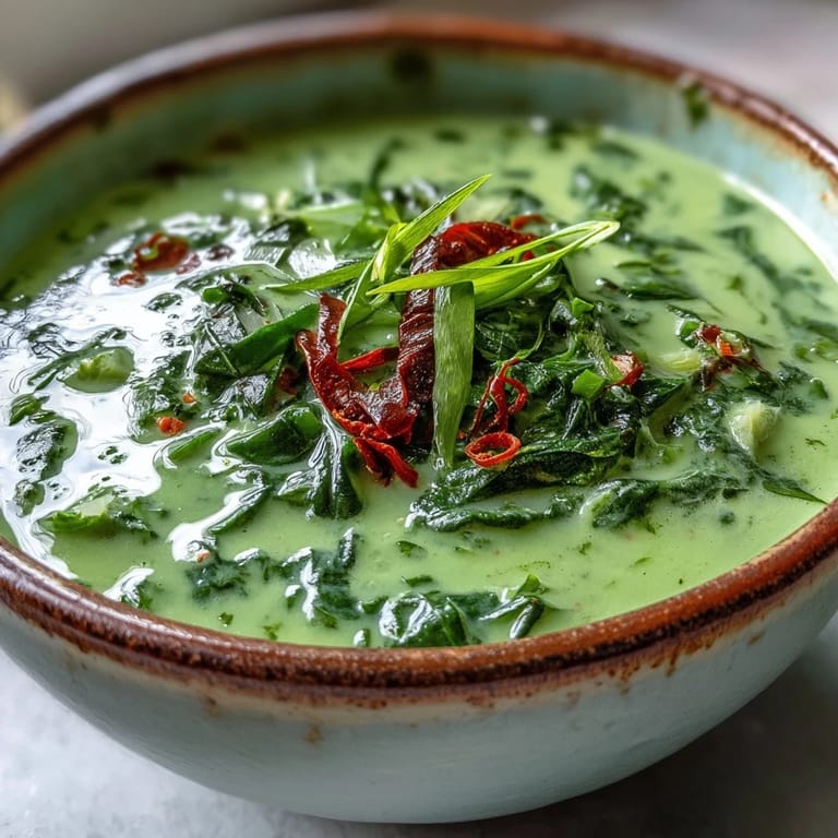 A bowl of vibrant green Spinach Coriander Lemongrass Soup next to lime wedges and crusty bread.