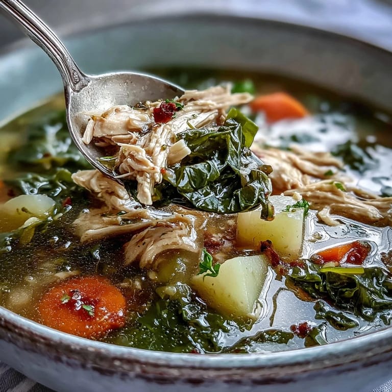 Overhead view of Collard Greens, Chicken and Vegetable Soup in a rustic pot, featuring tender chicken, diced potatoes, and vibrant collard greens. 