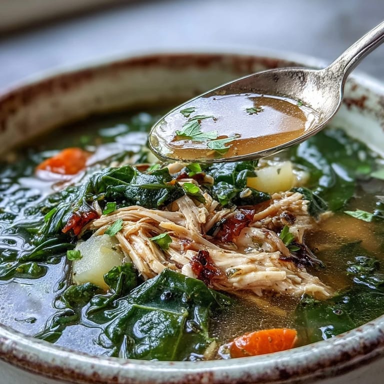 A comforting spoonful of Collard Greens, Chicken and Vegetable Soup lifted from a ceramic bowl, revealing shredded chicken and hearty vegetables.