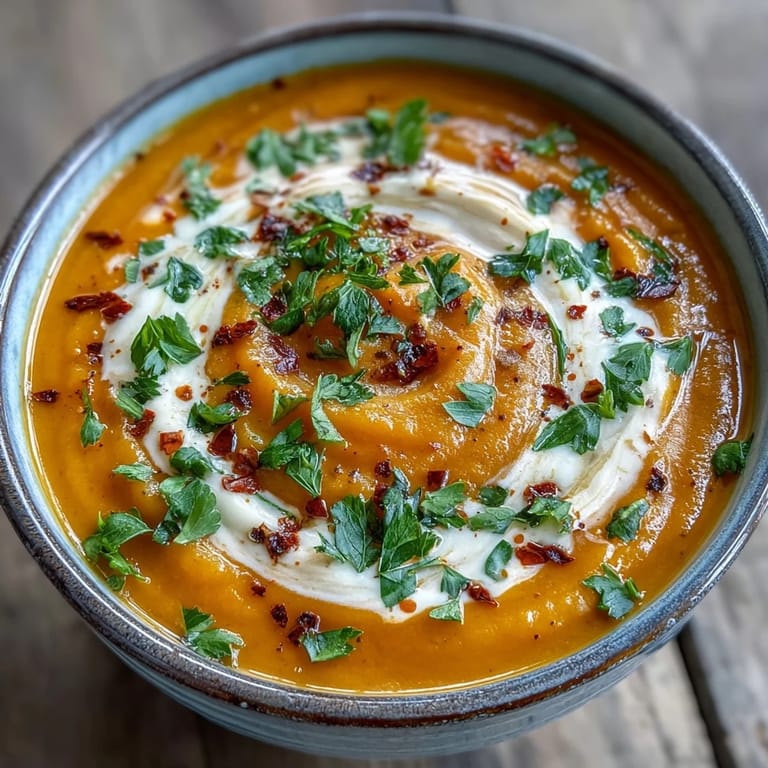 The warm, golden-orange Carrot, Celeriac and Chilli Soup is served in a rustic bowl, highlighting its smooth, blended texture.