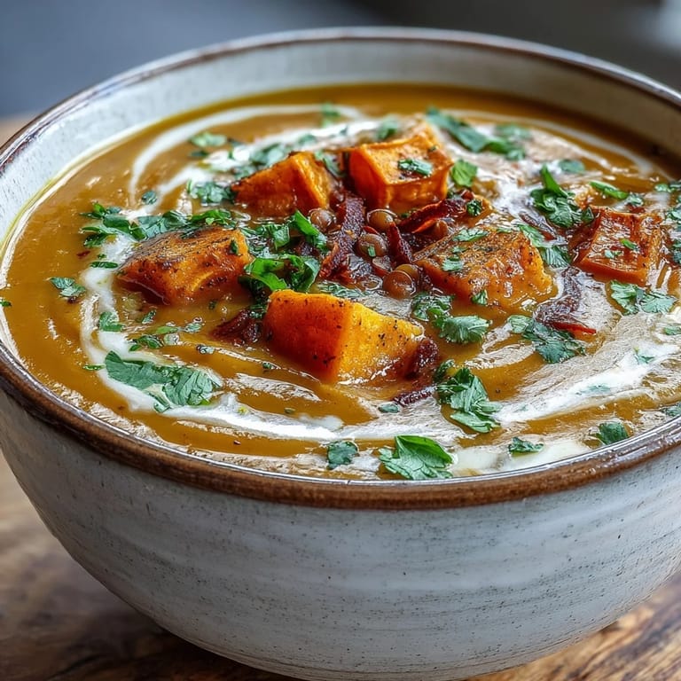 Vegan Butternut Squash and Lentil Soup served in a rustic ceramic bowl with a slice of crusty bread.