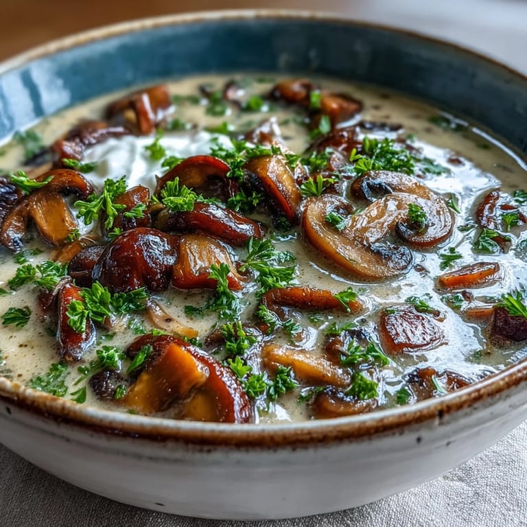 Warm, vegetarian Creamy Mushroom Stroganoff Soup in a ceramic mug, paired with a slice of crusty artisan bread for dipping.