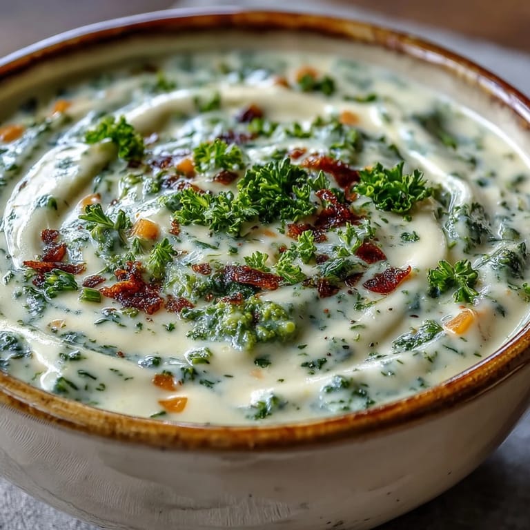Steaming creamy vegetable soup with visible vegetable garnish, ideal for a comforting, light lunch paired with crusty bread.