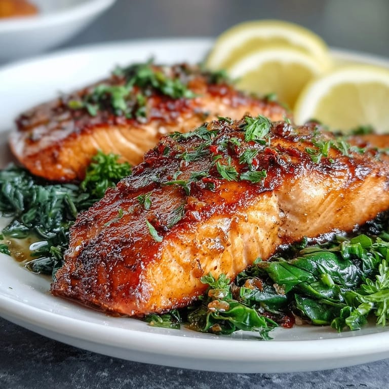 Two servings of easy air fryer salmon topped with tender Swiss chard and fresh lemon, perfect for a healthy weeknight dinner.