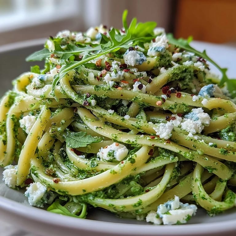 Plated Linguine with Arugula Pesto topped with extra Parmesan and arugula leaves, served alongside a glass of white wine for a fresh Italian-inspired dinner.