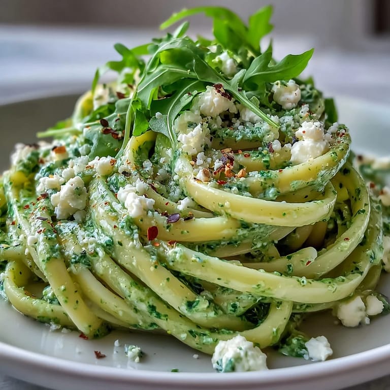 A serving bowl of Linguine with Arugula Pesto garnished with lemon wedges and black pepper, showcasing a vibrant nut-free vegetarian main dish ready to enjoy.