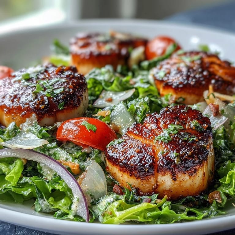 Four perfectly seared scallops sit atop a vibrant green escarole salad drizzled with bright green pesto vinaigrette.