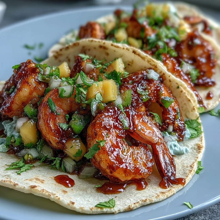 Fresh mango salsa and glazed sriracha shrimp fill warm tortillas, creating a colorful platter of fusion flavors.