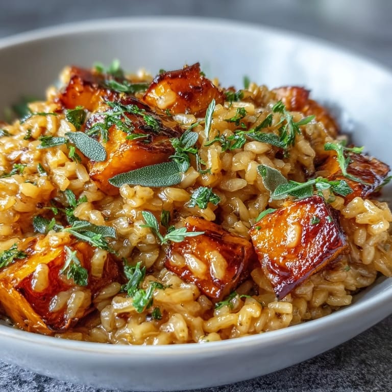 Creamy Vegan Pumpkin Risotto topped with fried sage, served in a rustic bowl.