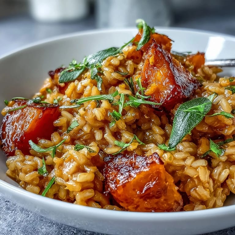 A warm plate of Vegan Pumpkin Risotto featuring tender pumpkin and fresh sage garnish.