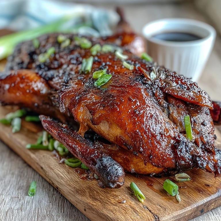 Close-up of Five-Spice Roast Ducks showcasing the rich, mahogany-colored skin and aromatic five-spice rub on a festive platter.
