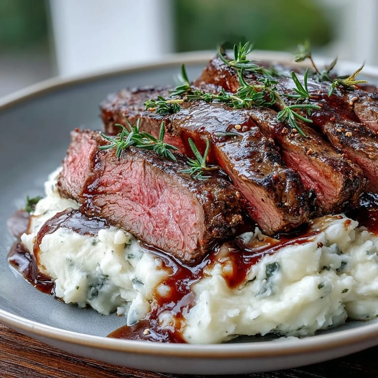 Plate of tender venison steaks with caraway crushed swede and optional red wine pan sauce, ready to serve.