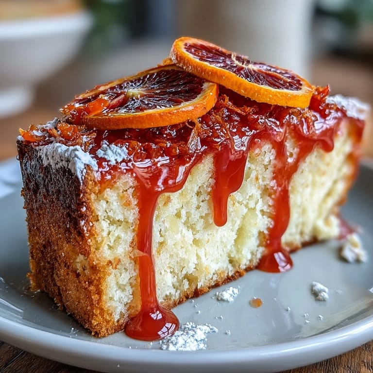 A moist, golden Heavenly Blood Orange Yogurt Cake loaf topped with glossy blood orange icing and fresh zest on a marble board.