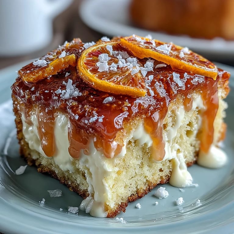 A warm slice of Heavenly Blood Orange Yogurt Cake on a dessert plate, served with coffee and bright blood orange segments.