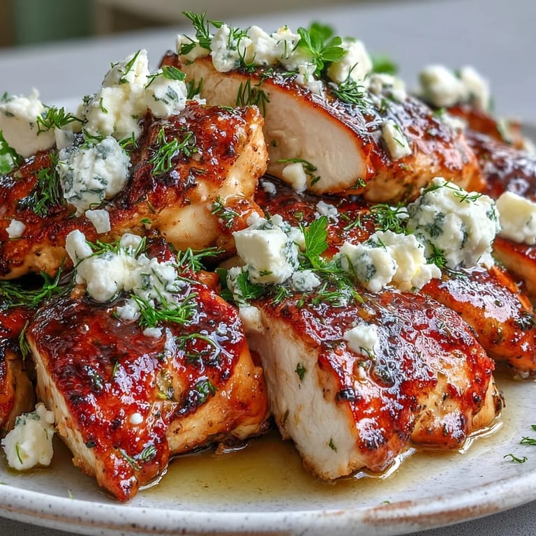 A served plate of Greek Chicken with Lemon and Feta topped with crumbled feta and chopped parsley, ready to eat.