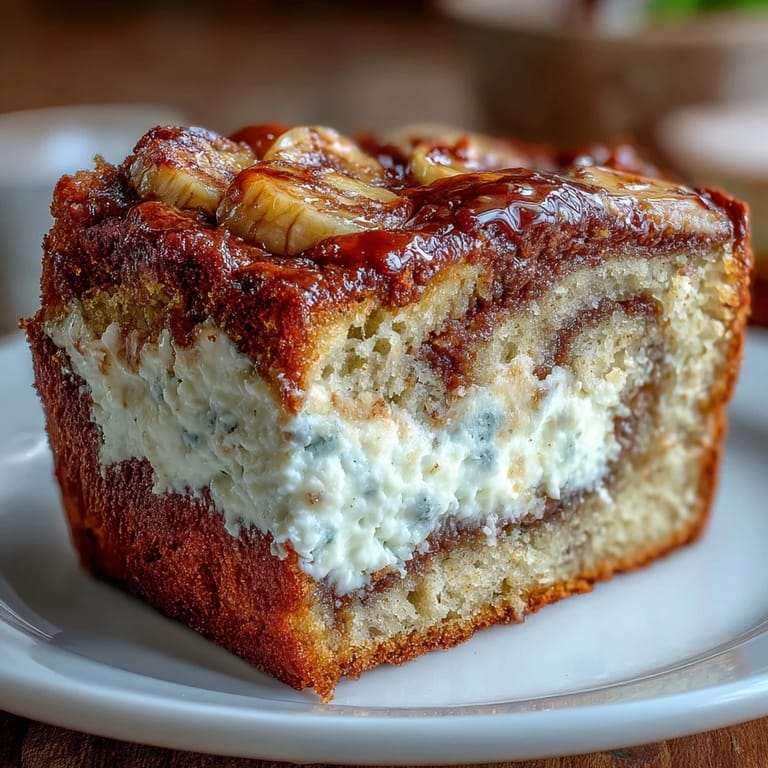 A thick slice of Cream Cheese Cinnamon Swirl Banana Bread sits on a white plate, revealing the rich cream cheese filling and sweet cinnamon swirl.  