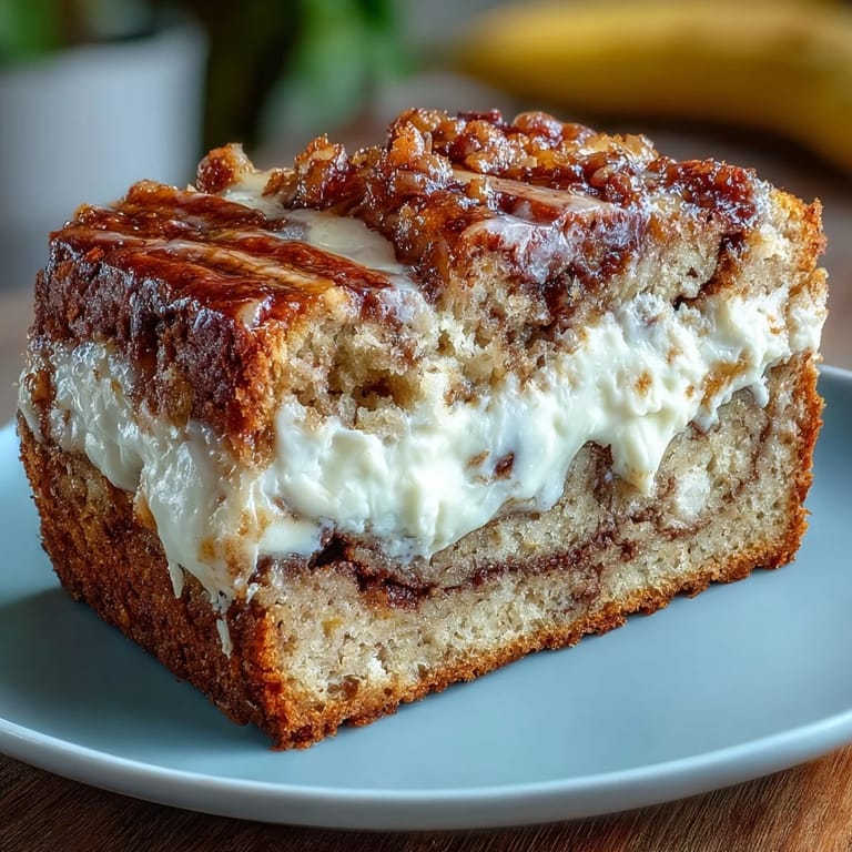Warm Cream Cheese Cinnamon Swirl Banana Bread loaf with a golden crust, sliced to display the moist interior and beautiful cinnamon sugar topping.