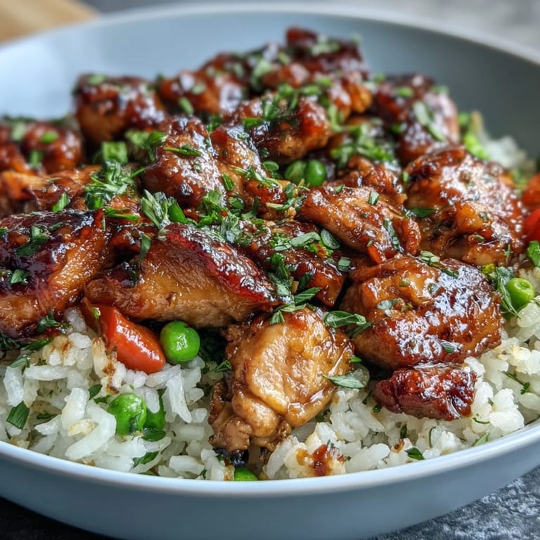 Golden, fluffy rice mixed with tender chicken and steamed veggies, ready to serve family-style from the pan.