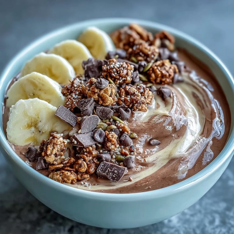 Thick and creamy Chunky Monkey Smoothie Bowls garnished with hemp seeds, cacao nibs, and maple granola for a healthy breakfast.