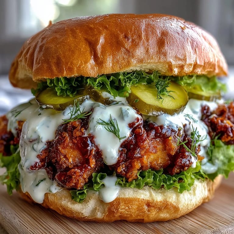 Fresh lettuce, dill pickles, and tangy sauce garnish this messy, crave-worthy Spicy Chicken Sandwich with Creamy Homemade Sauce on a soft bun.