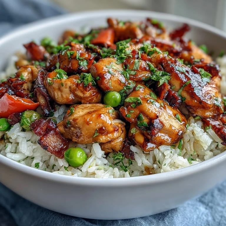 Close-up of One-Pan Bold Honey BBQ Chicken Rice showing sticky sauce coating, vibrant peas, and perfect weeknight dinner.