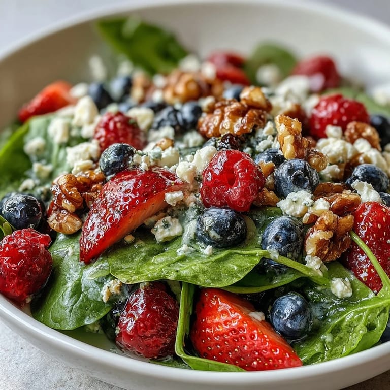 Vibrant Spinach and Berry Salad Bowl featuring strawberries, blueberries, and creamy goat cheese, ready to serve as a refreshing light lunch.