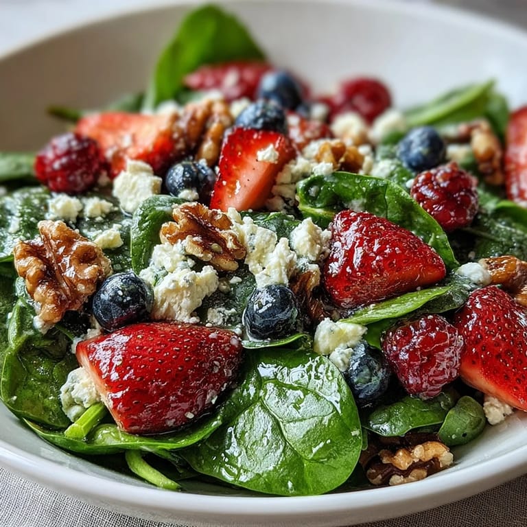 Close-up of Spinach and Berry Salad Bowl showing toasted pecans, red onion slices, and glossy homemade vinaigrette over fresh greens.