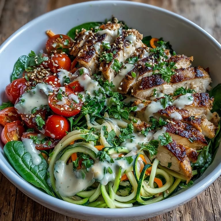 Fresh spiralized sweet potato and zucchini noodles topped with cherry tomatoes and herbs in a wholesome bowl.