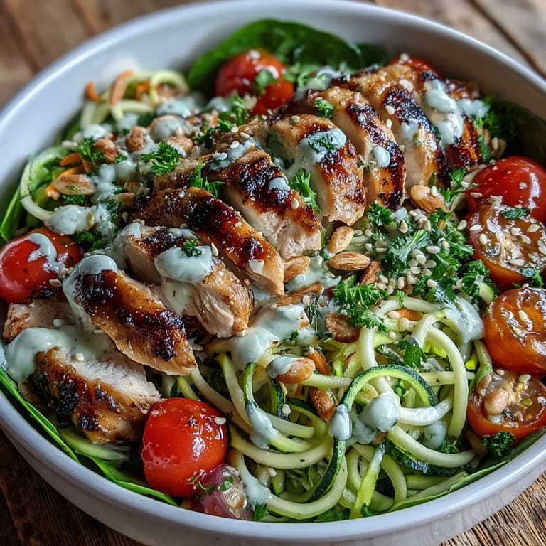 Deconstructed Spiralized Vegetable Bowl with colorful veggies, tofu, and sesame seeds, tossed in lemony tahini dressing.